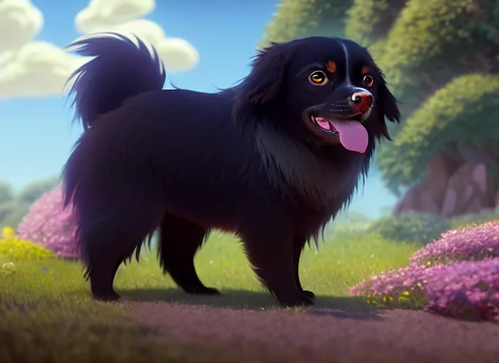 Image similar to a wholesome animation key shot of a black tibetan spaniel, in spain, studio ghibli, pixar and disney animation, sharp, rendered in unreal engine 5, anime key art by greg rutkowski, bloom, dramatic lighting