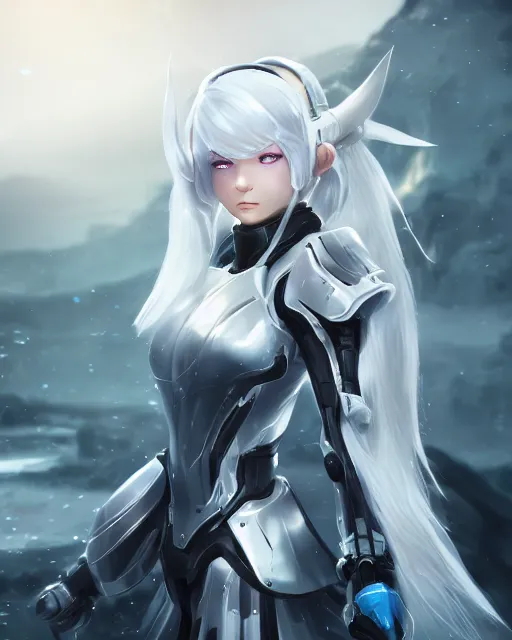 Prompt: perfect white haired girl, warframe armor, beautiful, dreamy, half asian, pretty face, blue eyes, detailed, windy weather, scifi platform, laboratory, experiment, 4 k, ultra realistic, epic lighting, cinematic, high detail, masterpiece, akihito tsukushi