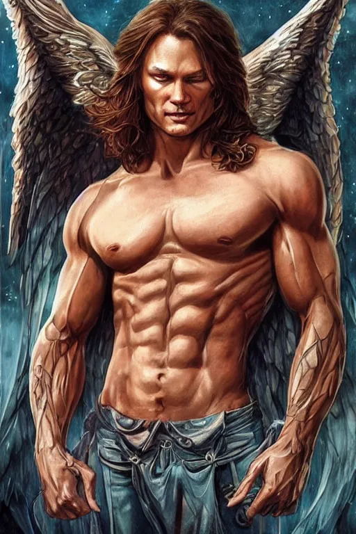 Image similar to muscular Sam Winchester as an angel with religious tattoos on chest and neck, with glowing runes on the body, urban fantasy book cover style, D&D dark fantasy style, sharp focus, ultra detailed, art by Artgerm and Peter Andrew Jones, Karol Bak, Ayami Kojima, Amano and Olivier Ledroit