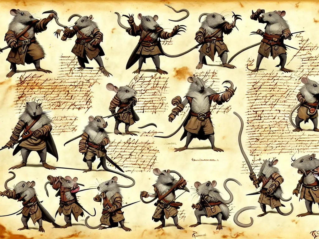 Image similar to character design sheet for a group of heroic rat pirates on a parchment background, redwall, greg rutowski and jean baptiste monge, very very detailed, epic fantasy concept art