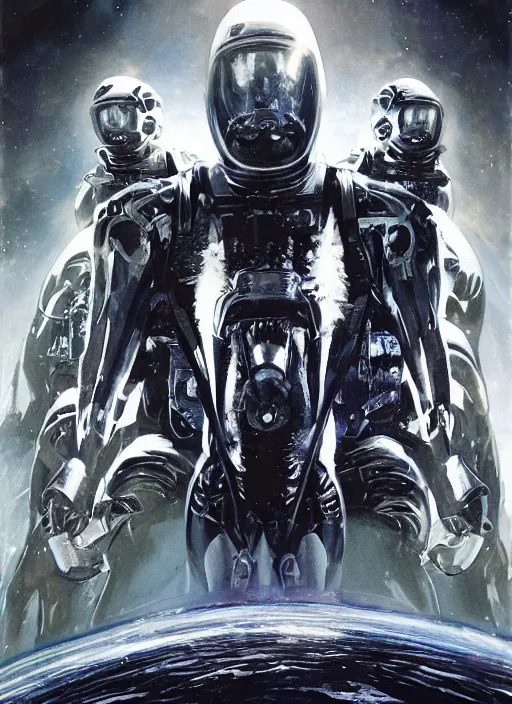 Image similar to astronauts in dark void underwater - complex and hyperdetailed technical suit. reflection and dispersion materials. rays and dispersion of light. volumetric light. f / 3 2. noise film photo. flash photography. ultra realistic, wide angle. poster by wayne barlowe, hajime sorayama aaron horkey, craig mullins