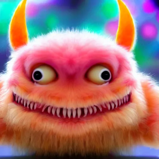 Prompt: an alien with a face that looks like a fuzzy peach the peach is fuzzy pink warm and ripe the alien has horns and a mean smile the alien has kind eyes with chicken feet cruel smile, 4k, highly detailed, high quality, amazing, high particle effects, glowing, majestic, soft lighting, detailed background, happy tones, sharp background