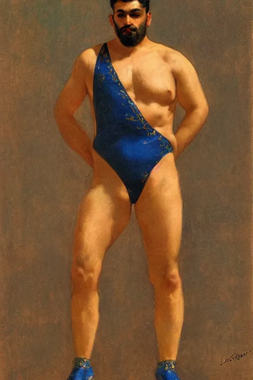 Prompt: persian wrestler man in golden leotard, by j. c. leyendecker