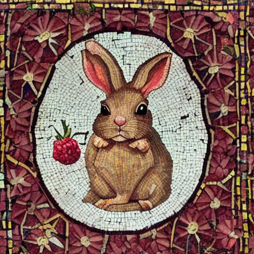 Image similar to a rabbit eating raspberries in the style of ancient mosaic