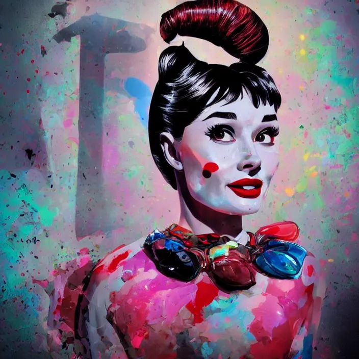 Image similar to portrait of Audrey Hepburn as a harley quinn. intricate abstract. intricate artwork. by Tooth Wu, wlop, beeple, dan mumford. octane render, trending on artstation, greg rutkowski very coherent symmetrical artwork. cinematic, hyper realism, high detail, octane render, 8k, iridescent accents