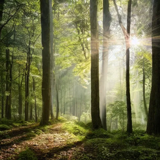 Prompt: An incredibly diverse forest, the light shoots through the trees from the sun, a walking path through the side, in the style of Hayao Miyazaki