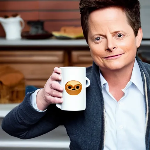 Image similar to Michael J Fox drinking holding mug with a poop emoji