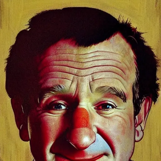 Image similar to Robin Williams as a sad clown painted by Norman Rockwell