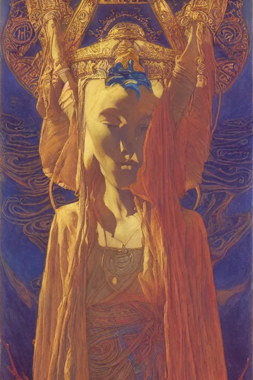 Image similar to goddess of the lost city with her regalia, by Annie Swynnerton and Nicholas Roerich and jean delville, dramatic cinematic lighting , ornate headdress , flowing robes, lost civilizations, extremely detailed