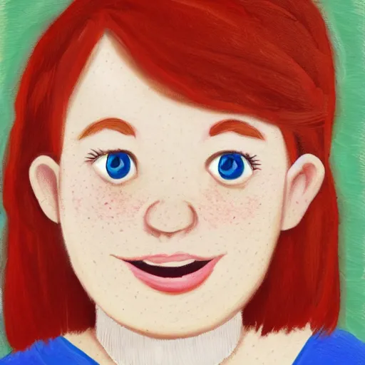 Image similar to portrait of a cute redheaded woman with freckles who is heavy set, in the style of pixar