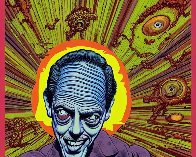 Image similar to steve buscemi swimming in a galaxy, cosmic horror painting, elegant intricate digital painting artstation concept art by basil wolverton by robert crumb by william eggleston detailed