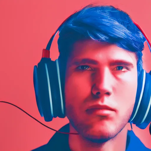 Image similar to a man, in red and blue spotlights, holds on to the headphones on his head, he wears dark visors, cyber songman, cyberpunk style portrait