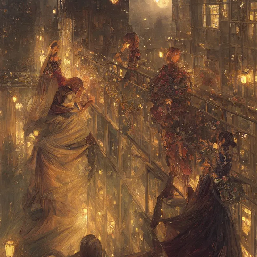 Image similar to a beautiful realistic painting of a firework festival on a balcony at night, intricate, elegant, highly detailed, digital painting, artstation, nier automata concept artsyle, by krenzcushart, artem demura, makoto shinkai, alphonse mucha