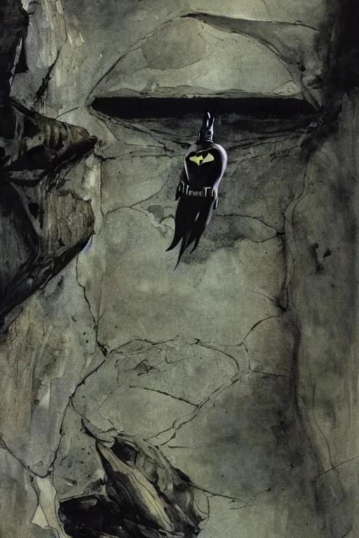 Prompt: Andrew Wyeth artwork, Batman in the batcave