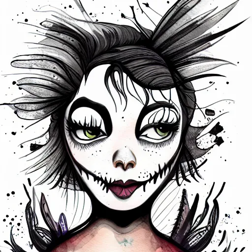 Image similar to a smug exclusivists female, black ink line art and watercolor, intricate, digital painting, concept art, smooth, focus, rim light style tim burton