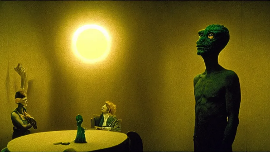 Image similar to the bright sun creature in the restaurant, film still from the movie directed by denis villeneuve and david cronenberg with art direction by zdzisław beksinski and dr. seuss