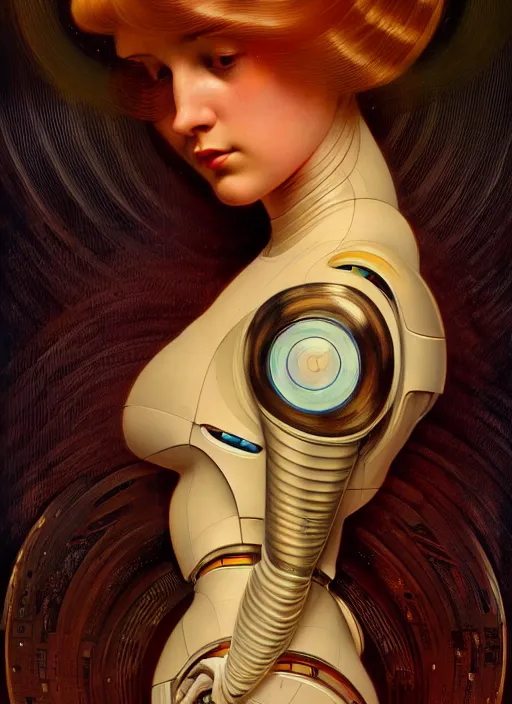 Image similar to portrait of a beautiful female android, coy, circuitry visible in head, in the style of ex machina, digital painting, karol bak, alphonse mucha, gil elvgren, award winning, hr giger, artstation, 8 k