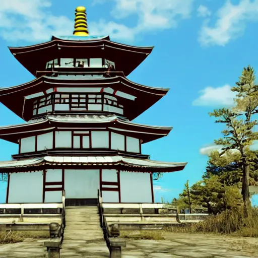 Image similar to chureito pagoda at mount fuji in ruins post - nuclear war in fallout 4, in game screenshot