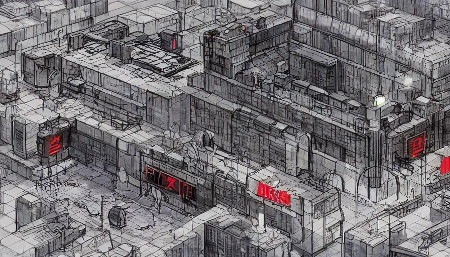 Image similar to Concept Art Illustration of neo-Tokyo Maximum Security Bank, in the Style of Akira, Syndicate Corporation, Anime, Dystopian, Highly Detailed, Helipad, Special Forces Security, Giant Crypto Vault, Docks, Shipping Containers of Money :2 Akira Movie style : 8