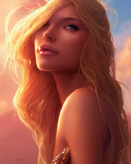 Image similar to summer vibes, beautiful sun tanned goddess, flowy golden hair, sun, summer, cinematic lighting, highly detailed, digital painting, trending on artstation, pixiv, concept art, sharp focus, illustration, art by ross tran and wlop