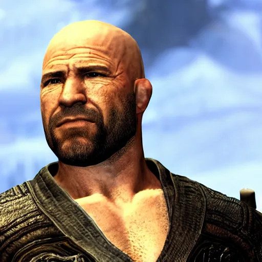 Prompt: character screenshot of ufc president dana white, npc, skyrim, wilderness, 1 0 8 0 p, bokeh, elder scrolls v, detailed, dialog text