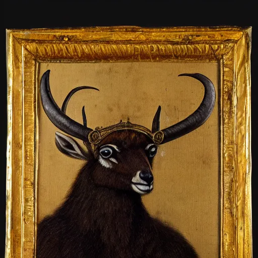 Image similar to renaissance style portrait of an alpine ibex wearing a crown and a cape, dark background