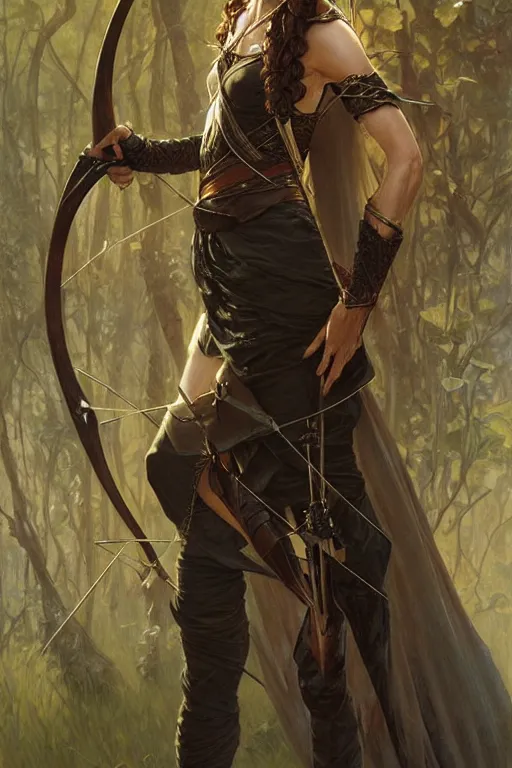 Image similar to portrait of a elven archer, dark, piercing eyes, gentle expression, elegant clothing, photorealistic, highly detailed, artstation, smooth, sharp focus, art by michael whelan, artgerm, greg rutkowski and alphonse mucha