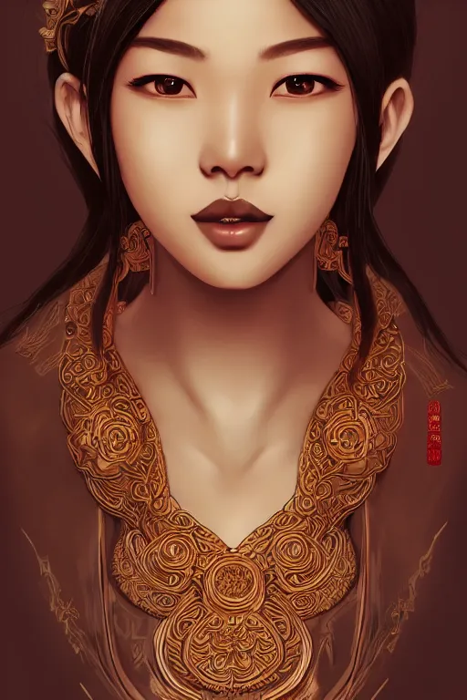 Image similar to A bust of a beautiful dark skinned Chinese girl with lovely lips and smooth eyebrows and straight hair, HD, illustration, epic, fantasy, intricate, elegant, amazing detail, digital painting, artstation, concept art, smooth, sharp focus, illustration, art by Turine Tran
