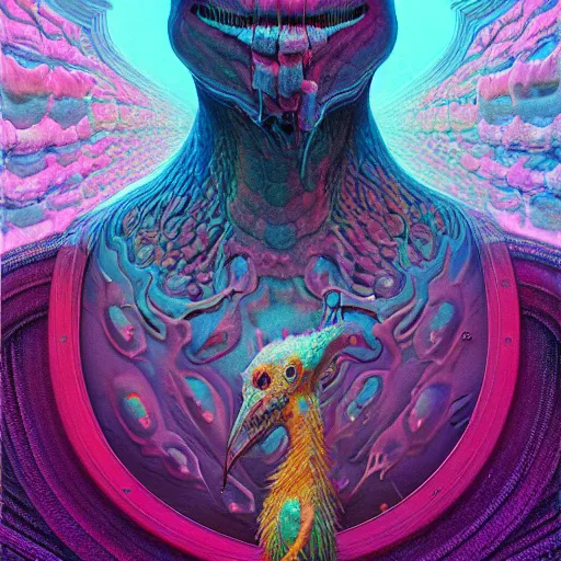 Image similar to Hyperdetailed psychedelic horror fantasy portrait of Mr Flibble by Wayne Barlowe and Beeple, vivid color, album cover,