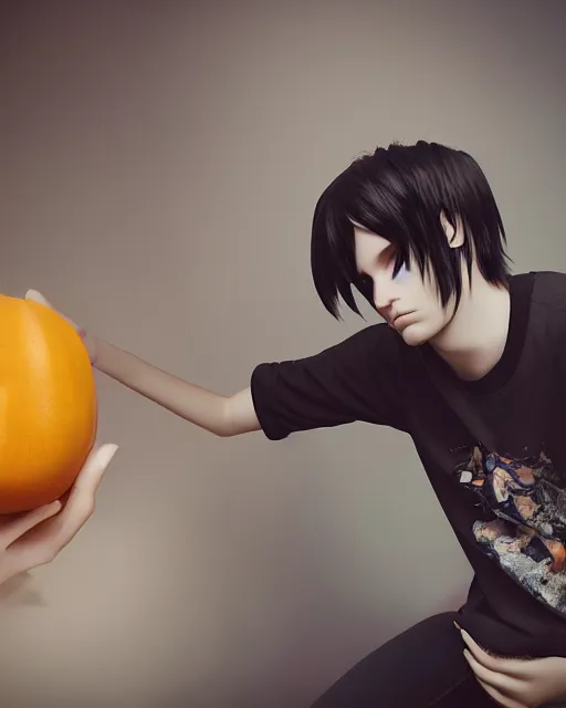 Image similar to a painting of an emo teenager with cantaloupe vibes, unreal engine, 4 k render, cinema 4 d, emo teenager at a party