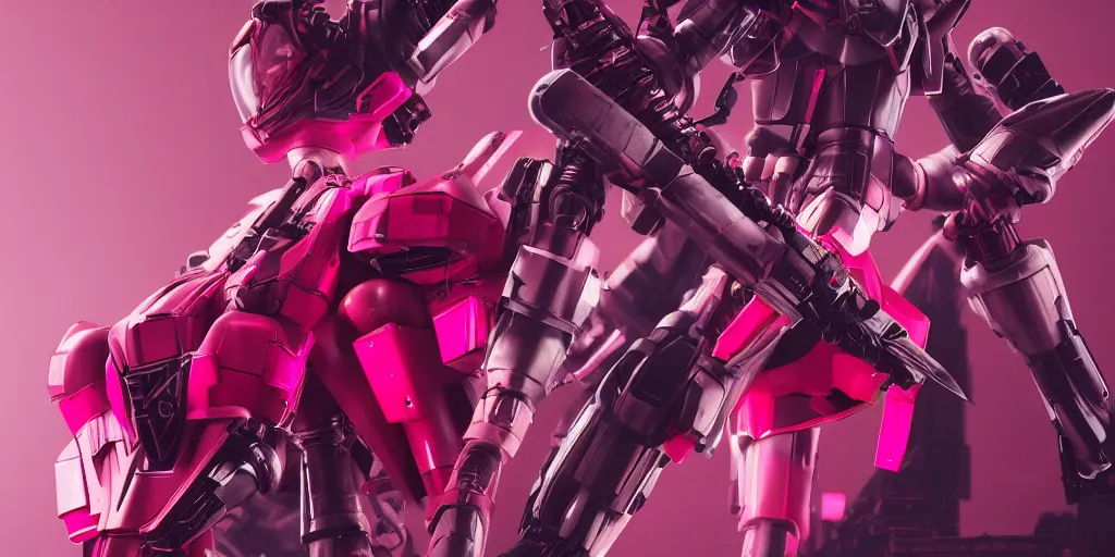 Image similar to isometric of female gundams in pink and red collection, intricate mechanical details, futuristic, y 2 k aesthetic, dramatic lighting, 4 k, 3 d octane render, provenance, detailed, trending on artstation