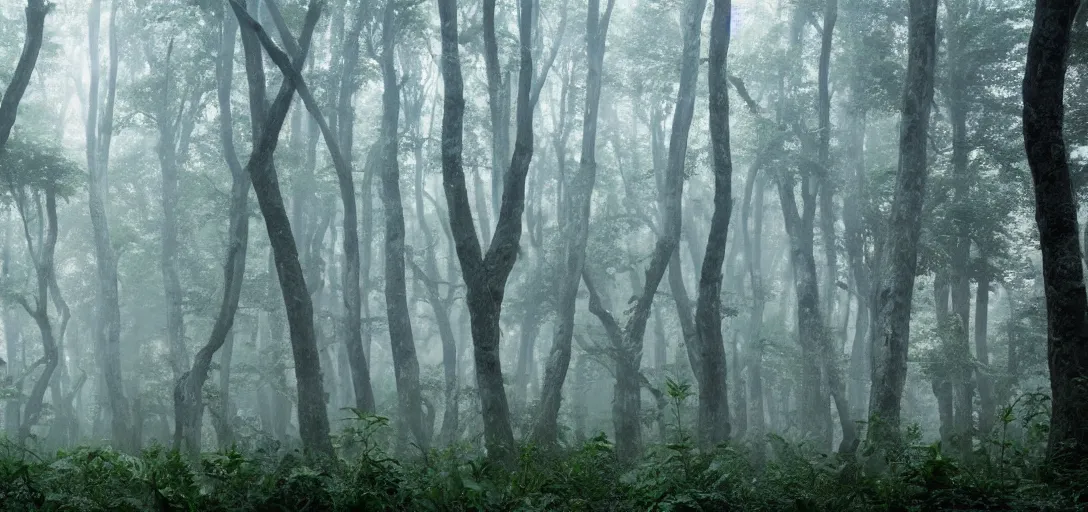 Prompt: a complex organic fractal 3 d ceramic megastructure in a lush forest, foggy, cinematic shot, photo still from movie by denis villeneuve