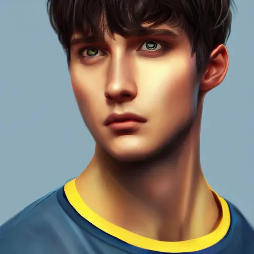 Image similar to ultra realistic illustration, a young man with black hair, in a yellow t - shirt, with blue eyes, highly detailed, digital painting, artstation, concept art, smooth, sharp focus, illustration