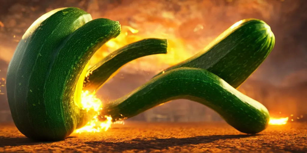 Image similar to detailed 3 d render of a raging zucchini!! character chasing!! down a desperate tomato!, high speed action, explosions, dramatic scene, hyper realistic octane render, cinematic lighting, deviantart, black sky, lowbrow, frame from pixar movie