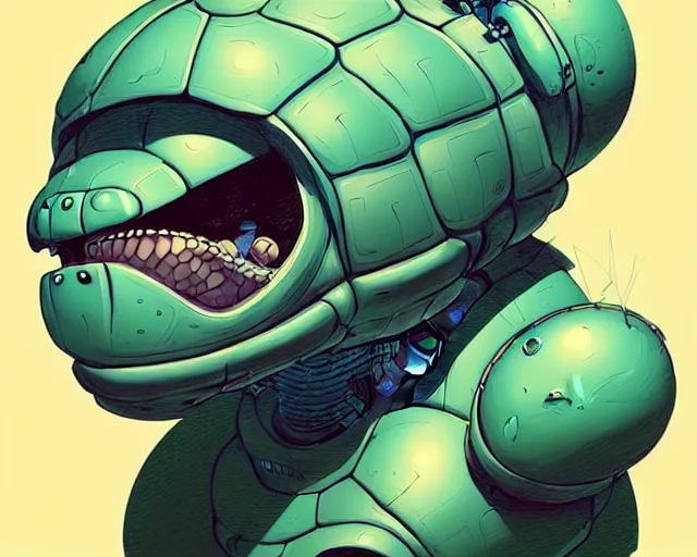 Image similar to a study of cell shaded cartoon of an adorable mechanized turtle with a tank treads, and a human head, illustration, wide shot, subtle colors, post grunge, concept art by josan gonzales and wlop, by james jean, Victo ngai, David Rubín, Mike Mignola, Laurie Greasley, highly detailed, sharp focus, alien, Trending on Artstation, HQ, deviantart, art by artgem