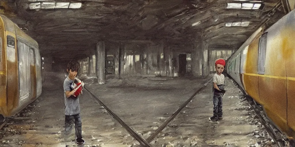 Image similar to very detailed and perfectly readable fine and soft relevant out of lines soft edges painting, of a very scared boy looking at a train that is standing in an abandoned station, moody, scary, night time