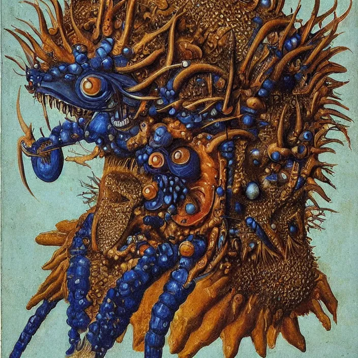 Prompt: close up portrait of a mutant monster creature with four lapis - lazuli eyes, knife - like teeth, round conch fractal horns, insect antennae. jan van eyck, audubon