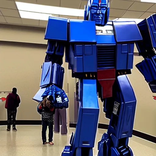 Image similar to optimus prime standing in line at the dmv