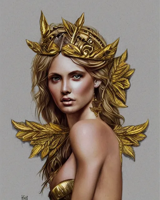 Image similar to tattoo design sketch of hot blonde super model as aphrodite greek goddess wearing a gold laurel wreath and triangle earrings, beautiful piercing gaze with sharp pupils, in the style of greg rutkowski, fantasy, amazing detail, epic, elegant, smooth, sharp focus, front view