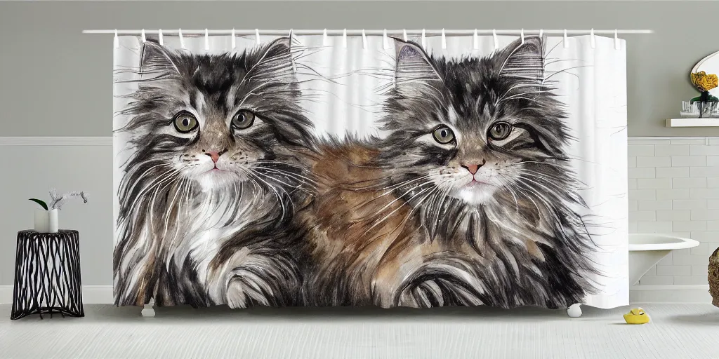 Image similar to shower curtain product catalog. on the curtain is a watercolor with ink under drawing of a maine coon kitten. wide - angle product photography, product lighting. 4 k, highly detailed. saturated.