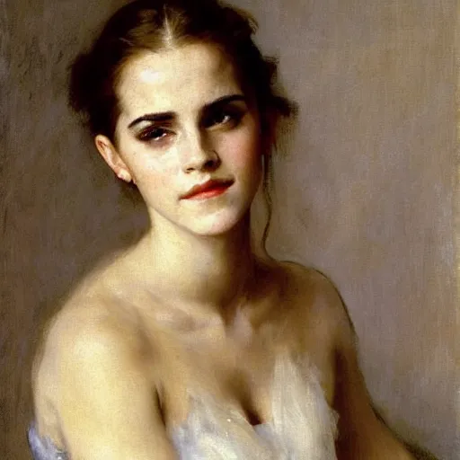 Image similar to portrait painting of emma watson, by john singer sargent, ilya repin, bouguereau, carolus - duran, elegant, 1 9 th - century, old masters, award winning, louvre collection, museum collection, realistic face, detailed