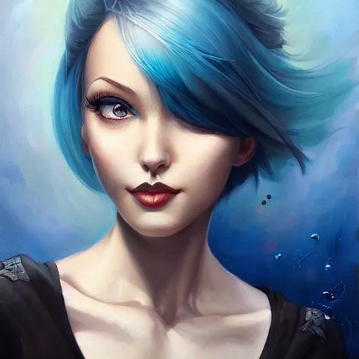 Prompt: a beautiful painting of a smiling woman with stylish short blue hair and sparkling blue eyes representative of the art style of artgerm and wlop and peter mohrbacher