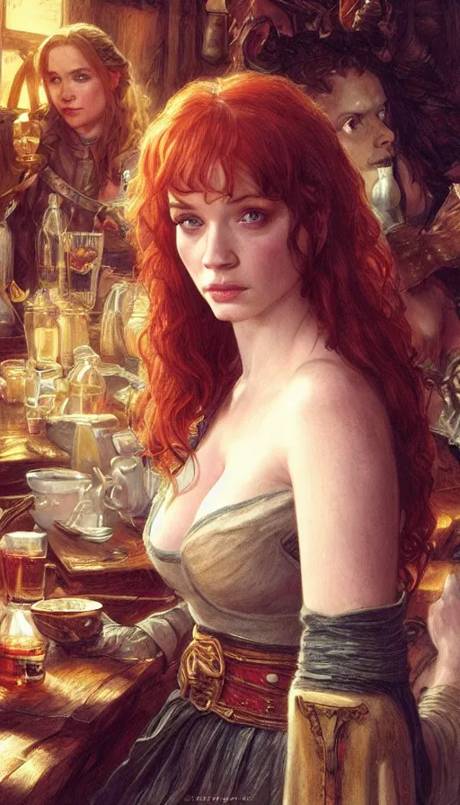 Image similar to young christina hendricks in a tavern, warhammer, lord of the rings, sweaty, strong, sword, intricate, highly detailed, digital painting, artstation, concept art, smooth, sharp focus, illustration, unreal engine 5, 8 k, art by artgerm and greg rutkowski and alphonse mucha