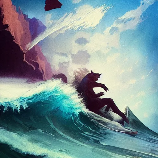 Image similar to A mixed media painting of cat surfing big waves, by Frank Frazetta, Greg Rutkowski, Beeple, kawaii, post-processing, low angle, masterpiece, cinematic, isometric, volumetric lighting