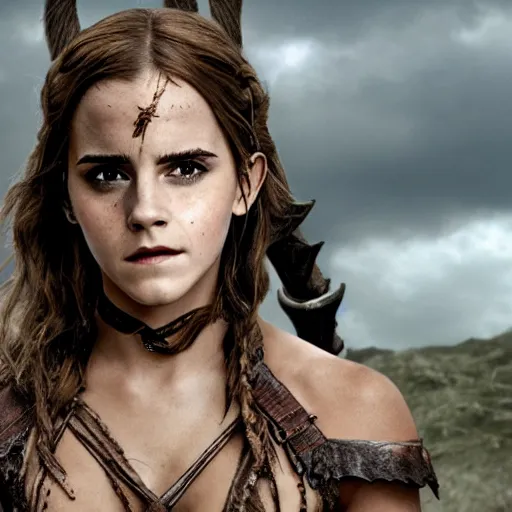 Image similar to emma watson from the new conan the barbarian movie, movie still, 8 k, realistic