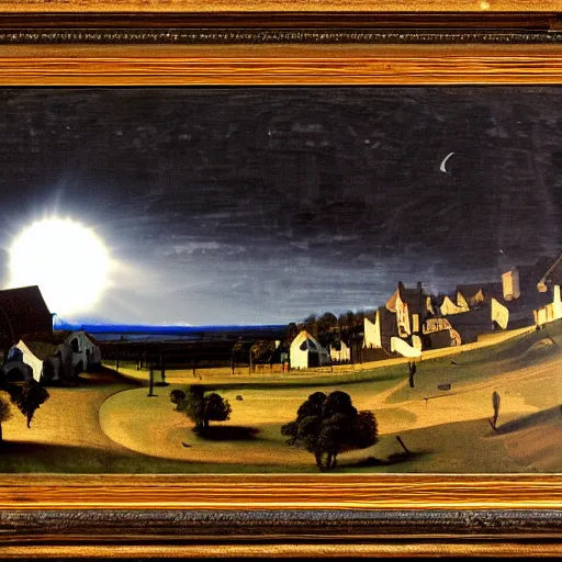 Image similar to dark solar eclipse, above a village, highly detailed, studio 4 k quality, by caravaggio