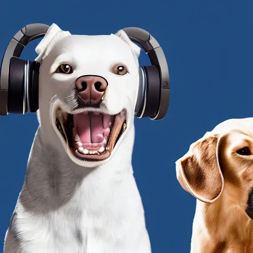 Prompt: a photorealistic dog and cat wearing headphones smiling, 8 k resolution, studio lighting, highly detailed, hyperrealism, realistic