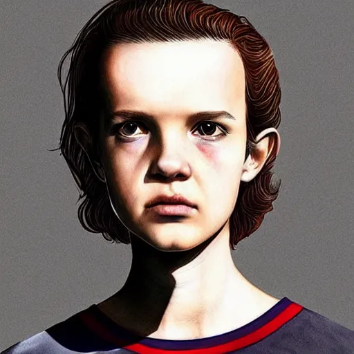 Image similar to beautiful side portrait of Eleven from Stranger things by ((((martine johanna)))), artstation winner,figurativism!!!, portrait,