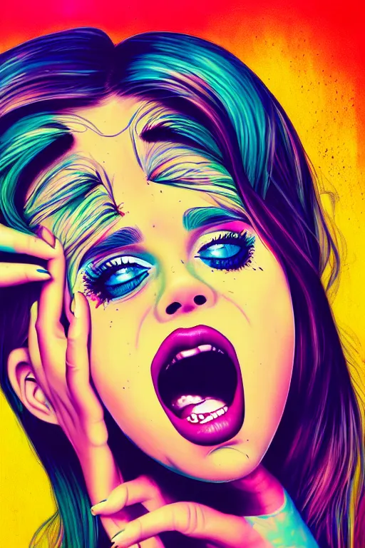 Image similar to girl screamin yolo - aesthetic, smooth painting, remove, 9 seeds have ultra detailed, 4 k, illustration, comical, acrylic paint style, pencil style, torn cosmo magazine style, pop art style, ultrarealism, by mike swiderek, jorge lacera, ben lo, tyler west