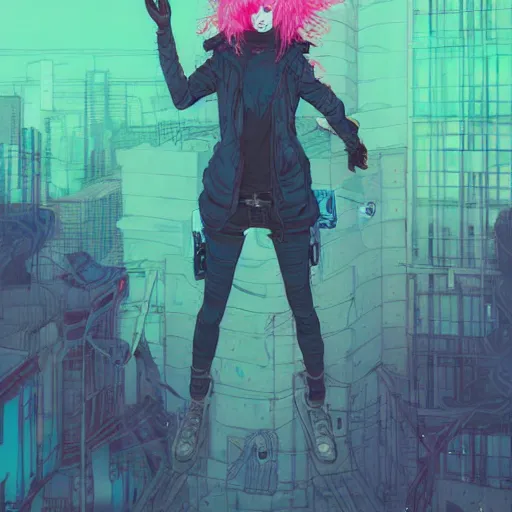 Image similar to portrait of a grungy cyberpunk anime in magic pose, very cute, by super ss, cyberpunk fashion, curly pink hair, night sky by wlop, james jean, victo ngai, muted colors, highly detailed